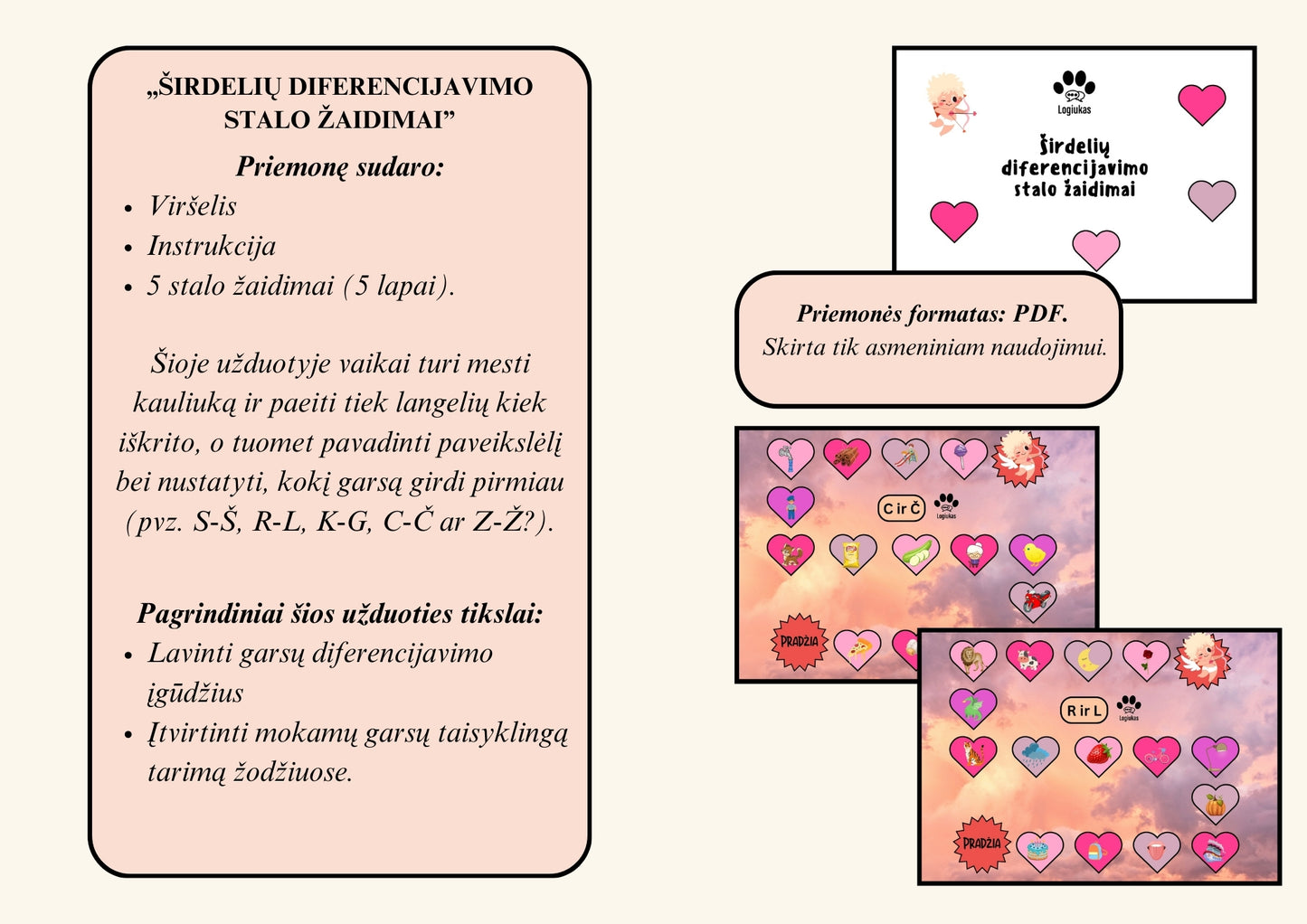 Širdelių diferencijavimo stalo žaidimai